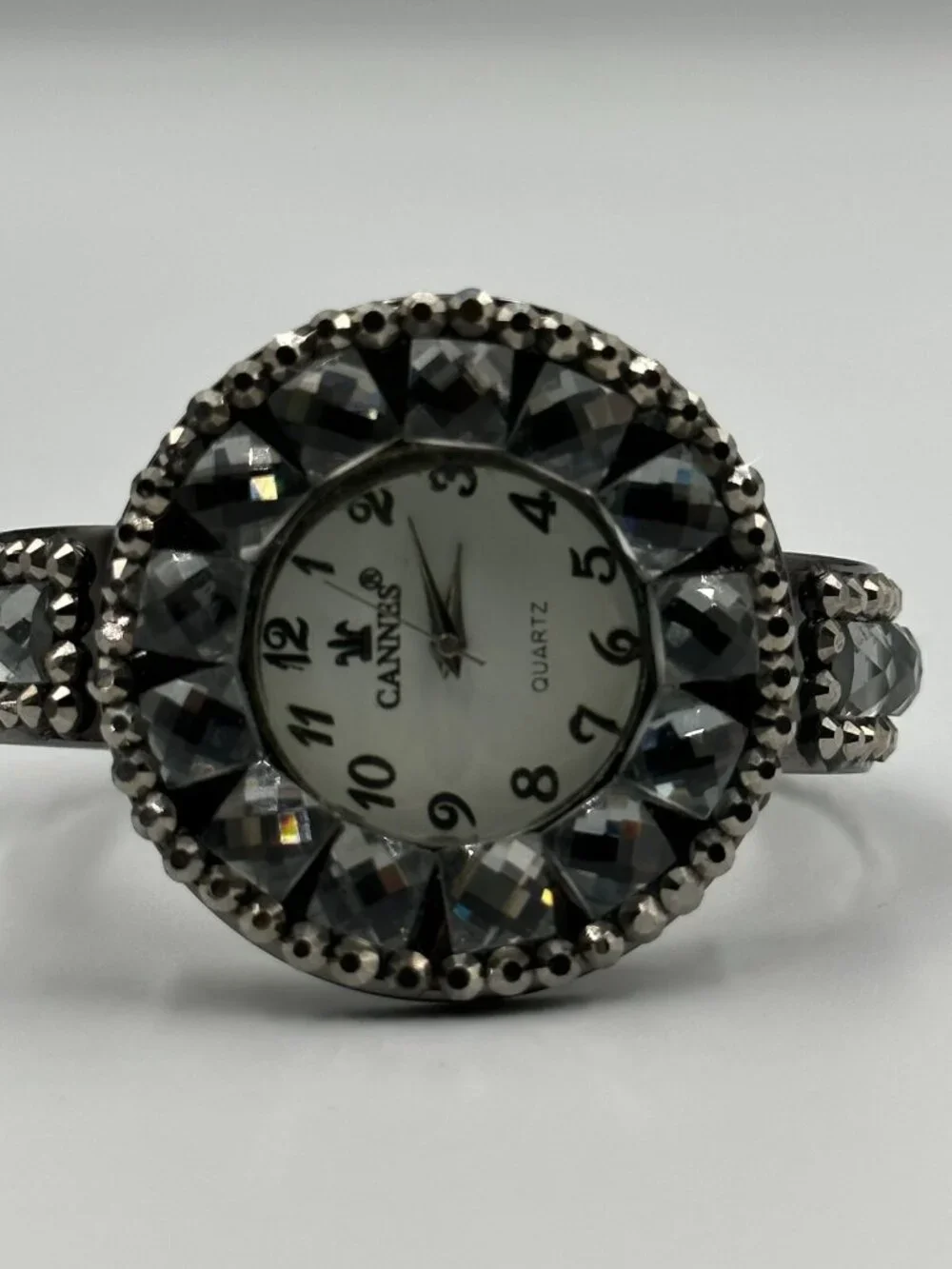 Cannes Rhinestone Watch Women Gunmetal Hinged Cuff Band New Battery 6.5